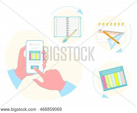 Vector Illustration Person Makes Order And Purchases Of Stationery For School By Cell Phone. Select 