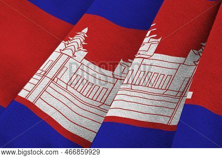 Cambodia Flag With Big Folds Waving Close Up Under The Studio Light Indoors. The Official Symbols An