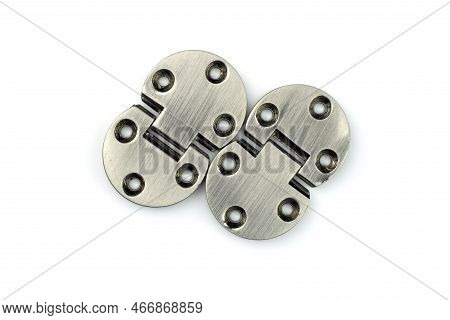 Chrome-plated Metal Hinges With Screw Holes, For Doors And Windows, Insulated On A White Background.