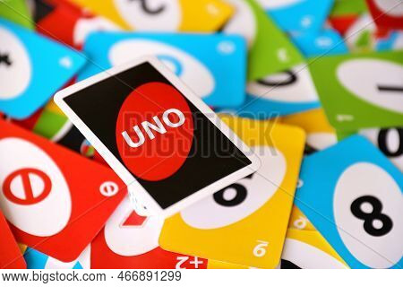 Ternopil, Ukraine - May 15, 2022: Many Colorful Uno Game Cards. Uno Is An American Shedding-type Car