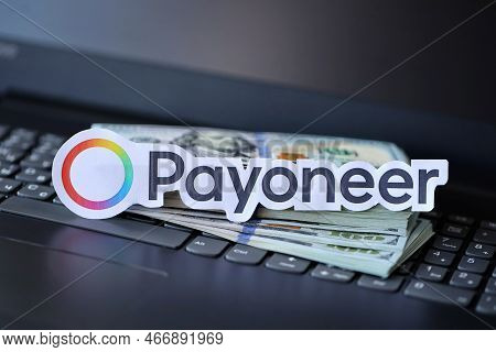Ternopil, Ukraine - September 6, 2022 Payoneer Paper Logotype Lies On Black Laptop Keyboard With Us 
