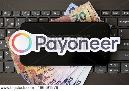 Ternopil, Ukraine - September 6, 2022 Payoneer Paper Logotype Lies On Black Laptop Keyboard With Bra