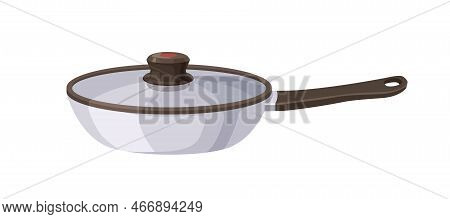 Frying Pan, Skillet With Handle And Cover. Aluminum Metal Frypan. Steel Kitchen Appliance Closed Wit