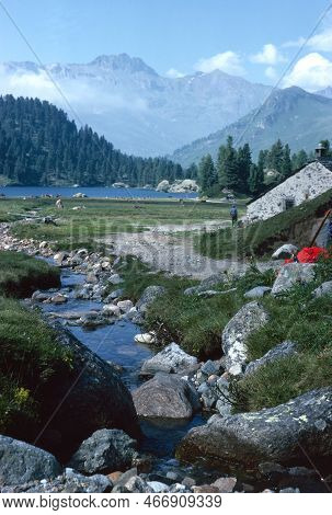 Natural Landscape With High Mountain Peaks Of The Rhaetikon In The Eastern Alps At The Luener Lake I