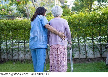 Doctor Help And Care Asian Senior Or Elderly Old Lady Woman Use Walker With Strong Health While Walk