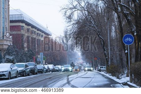 Almaty, Kazakhstan - December 09, 2022 - Snowfall In The City, View Of Kunaev Street In Winter
