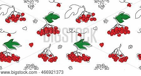 Red Viburnum Seamless Vector Pattern. Ukrainian Berry From Song. One Continuous Line Art Drawing Of 