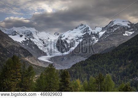Bernina And Palu Mountain Range With Glaciers In The Alps, Engadine, Switzerland