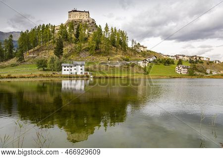 Idyllic Landscape Of Scuol Tarasp Village, Engadine, Swiss Alps, Switzerland