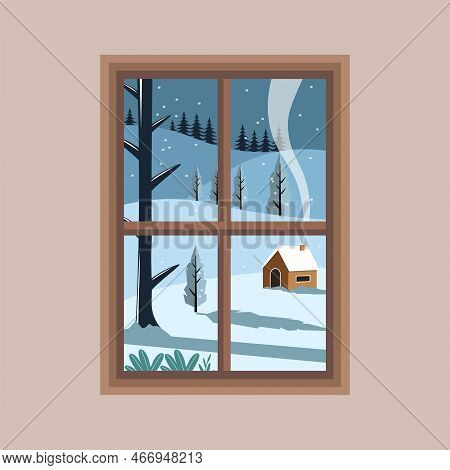 Cabin Winter Poster Vector Design, Window Scenery Background Illustration