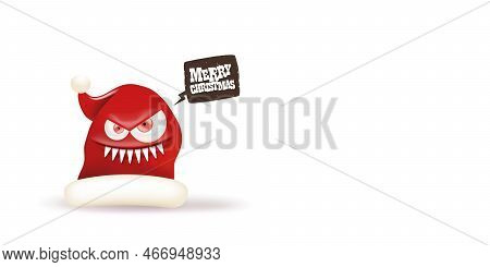 Vector Cartoon Monster Santa Claus Red Hat With Grinch Face Isolated On White Horizontal Background.
