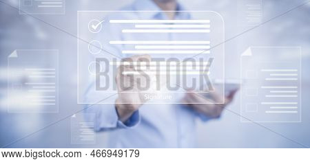 Signing Electronic Documents On Digital Documents Online, Businessman With Contract Electronic Signa