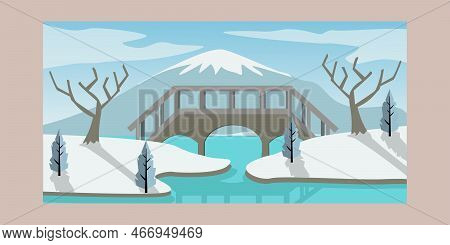 Winter Poster Vector Design, Snow Mountain And Bridge Background Illustration