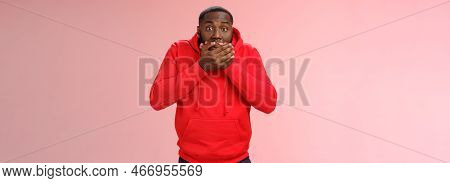 Shocked Gasping Surprised African-american Guy Overhear Stunning Rumour Press Palms Mouth Not Slip W
