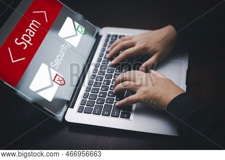 Email Concept With Laptop Spam And Virus Computer Monitor Internet Security Concept, Businessman Rea