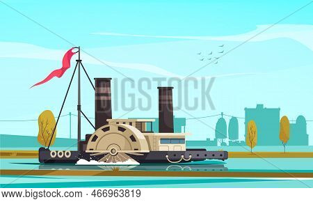 Vintage Transport Composition With Outdoor Scenery Cityscape With Paddle Wheel Type Steamboat Floati
