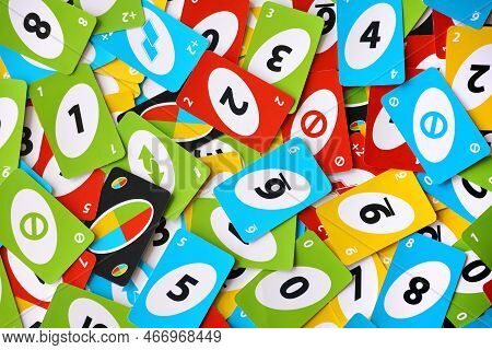 Ternopil, Ukraine - May 15, 2022: Many Colorful Uno Game Cards. Uno Is An American Shedding-type Car
