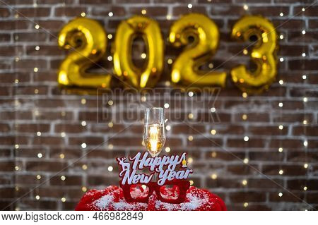 Happy New Year Celebration Event 2023 - Holiday At Home By Night With Champagne Flute And Party Ligh