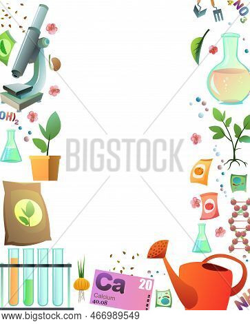 Border Chemistry And Natural Fertilizers Along Edge Of Image. Introduction Of Mineral And Organic To