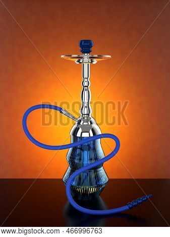 Indian Or Arabic Blue Hookah Or Sheesha With Orange Background. 3d Illustration Render