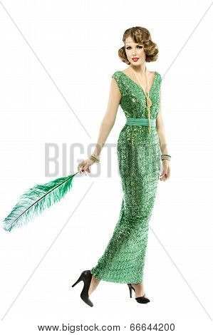 Woman Feather In Fashion Retro Sequin Dress, Luxury Lady Elegant Vintage Style, Isolated On White Ba