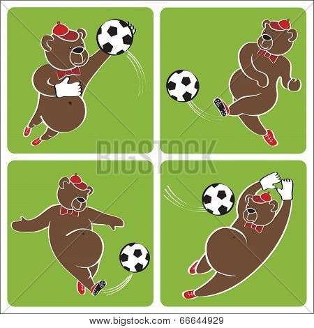 Brown Bear Plays Football.cartoon Vector Humorous Illustration Set