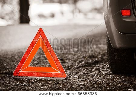 Breakdown Of Car. Red Warning Triangle Sign On Road