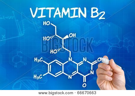 Hand with pen drawing the chemical formula of Vitamin B2