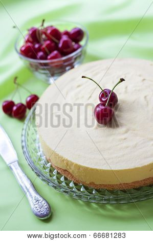 Milk Souffle And White Chocolate Cake With Fresh Cherry