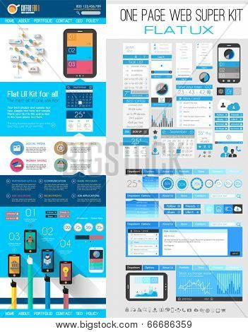 One page website flat UI design template. It include a lot of flat stlyle icons, forms, header, footeer, menu, banner and spaces for pictures and icons all in one page.