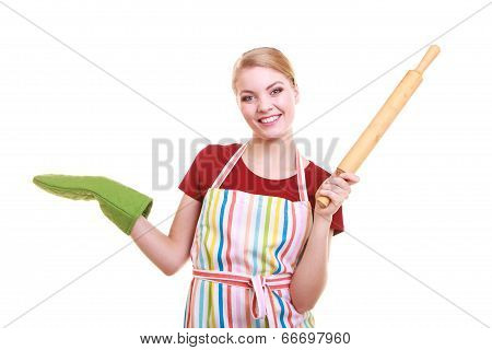 Housewife Kitchen Apron Holds Rolling Pin Showing Copy Space Isolated
