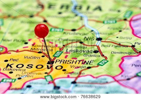Prishtine pinned on a map of europe