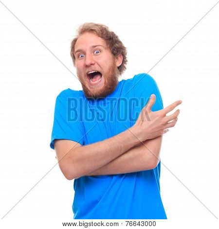 Portrait Of Bearded Extroverted Man On White