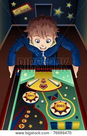 Man Playing Pinball Machine