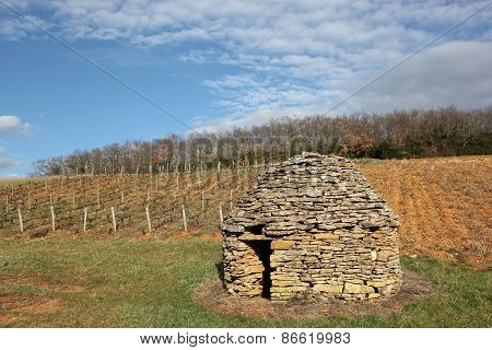 old and typical stone hut in the vineyards of Beaujolais