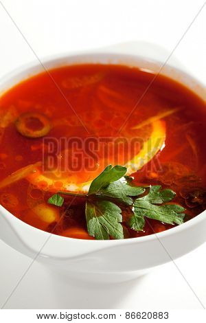 Soup - Solyanka. Dish of Stewed Cabbage and Meat with Spices and Lemon