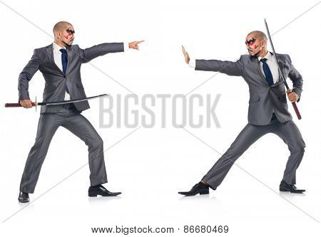 Two men figthing with the sword isolated on white