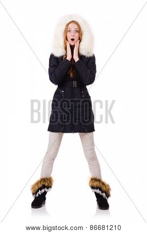 Pretty girl in warm clothes isolated on white