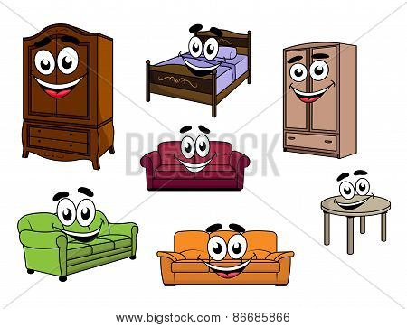 Happy sofas, cupboards, table, bed cartoon characters