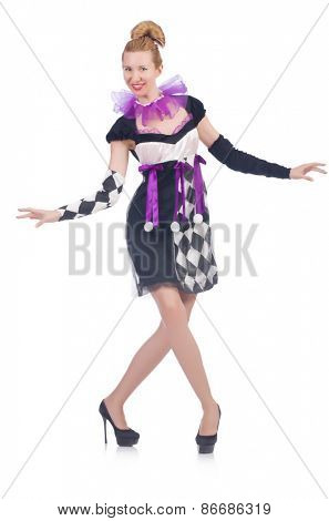 A girl in harlequin costume isolated on white
