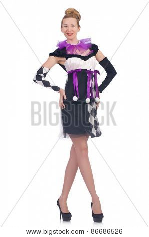A girl in harlequin costume isolated on white