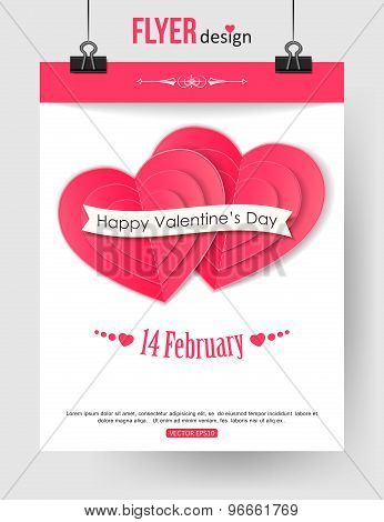 Valentines Day brochure template with paper hearts and place for text. Abstract typographical flyer.