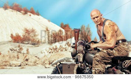 Muscular Bald Biker On The Autumn Background