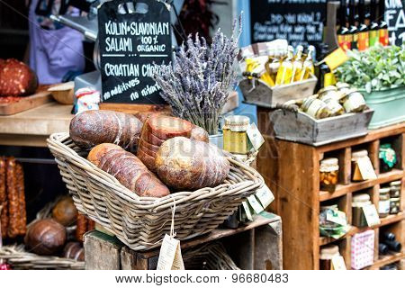 London, UK - June 12, 2015: Salami In A Basket at the Borough Market
