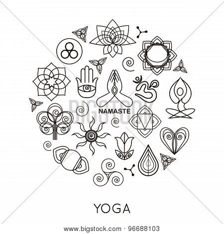 Set of outline yoga monograms and logos. Abstract yoga design elements, icons and badges.