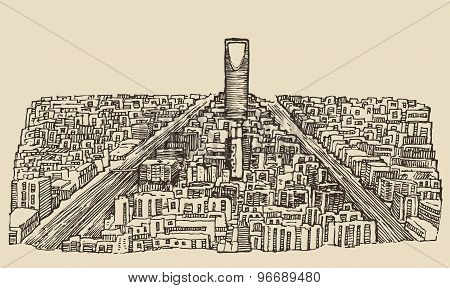 Riyadh skyline engraved vector hand drawn sketch