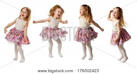 Little cute girl jumping, running, dancing, having fun. Isolated on white background