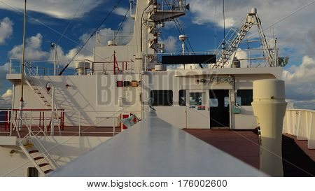 View of Navigation bridge of large tanker from starboard side wing
