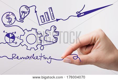Technology, Internet, Business And Marketing. Young Business Woman Writing Word: Remarketing