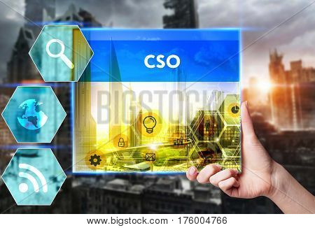 Technology, Internet, Business And Marketing. Young Business Woman Writing Word: Cso